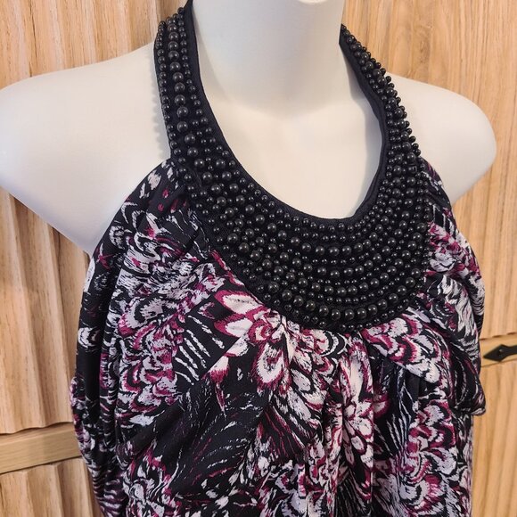 Studio Y Beaded Halter Top XL | Black Floral Print | Statement Neckline - Picture 2 of 7